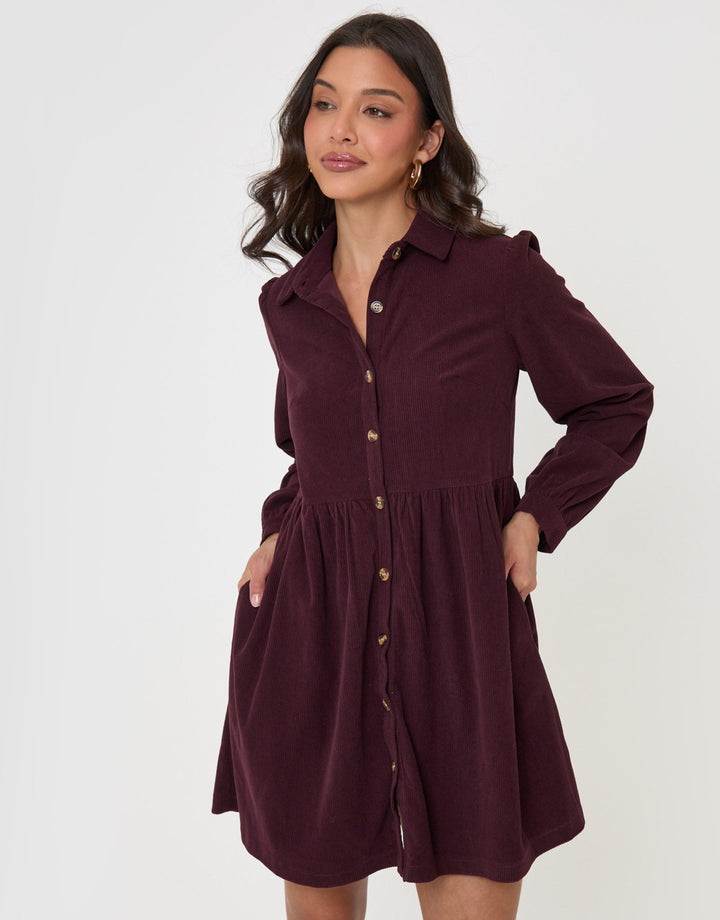 Threadbare Corduroy Mini Shirt Dress in Purple - front view