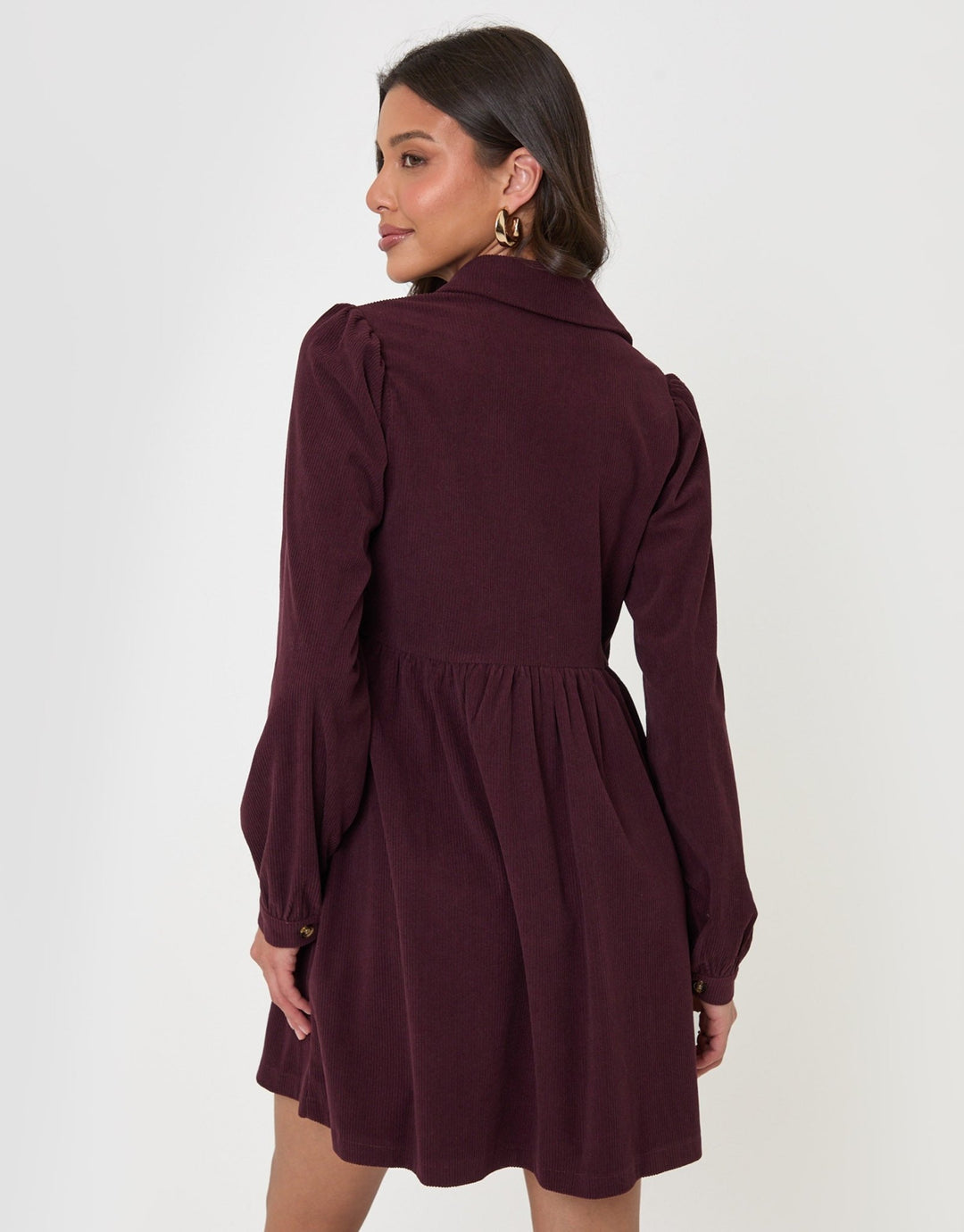Threadbare Corduroy Mini Shirt Dress in Purple - back view
