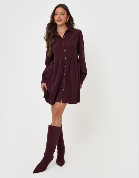 Threadbare Corduroy Mini Shirt Dress in Purple - full body