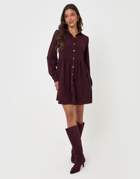 Threadbare Corduroy Mini Shirt Dress in Purple - full body pose