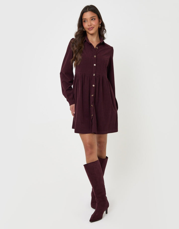 Threadbare Corduroy Mini Shirt Dress in Purple - full body pose