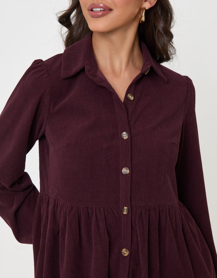 Threadbare Corduroy Mini Shirt Dress in Purple - close up