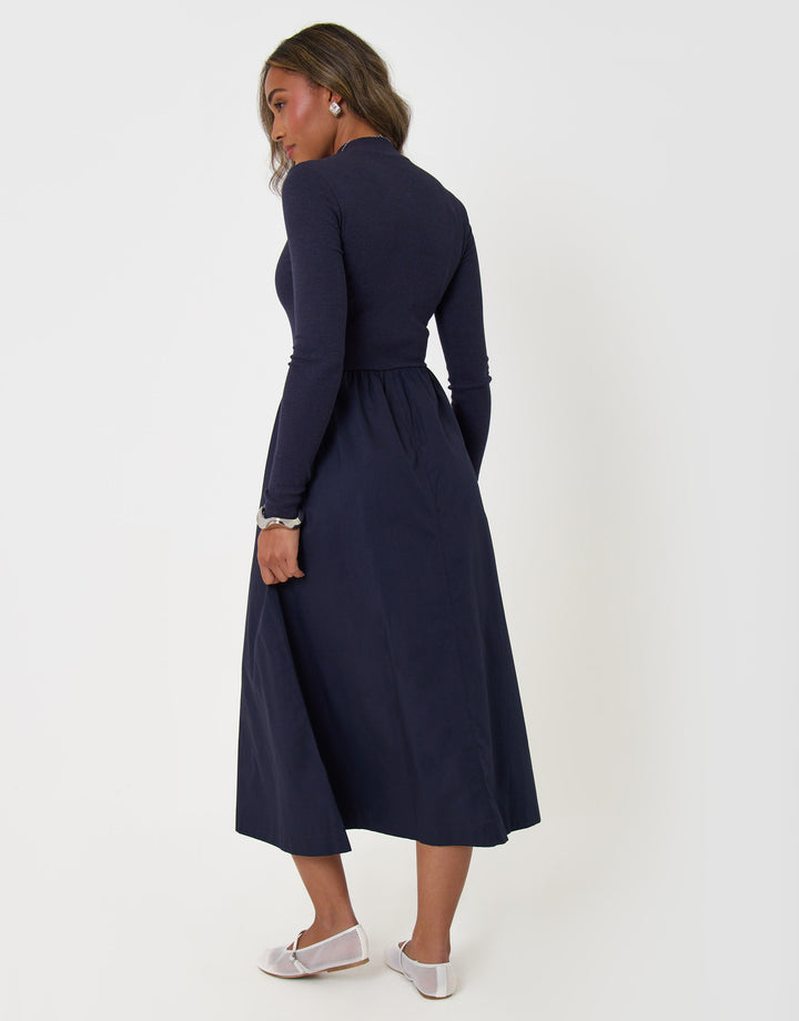 Threadbare 2 in 1 High Neck Midaxi Dress in Navy - back view