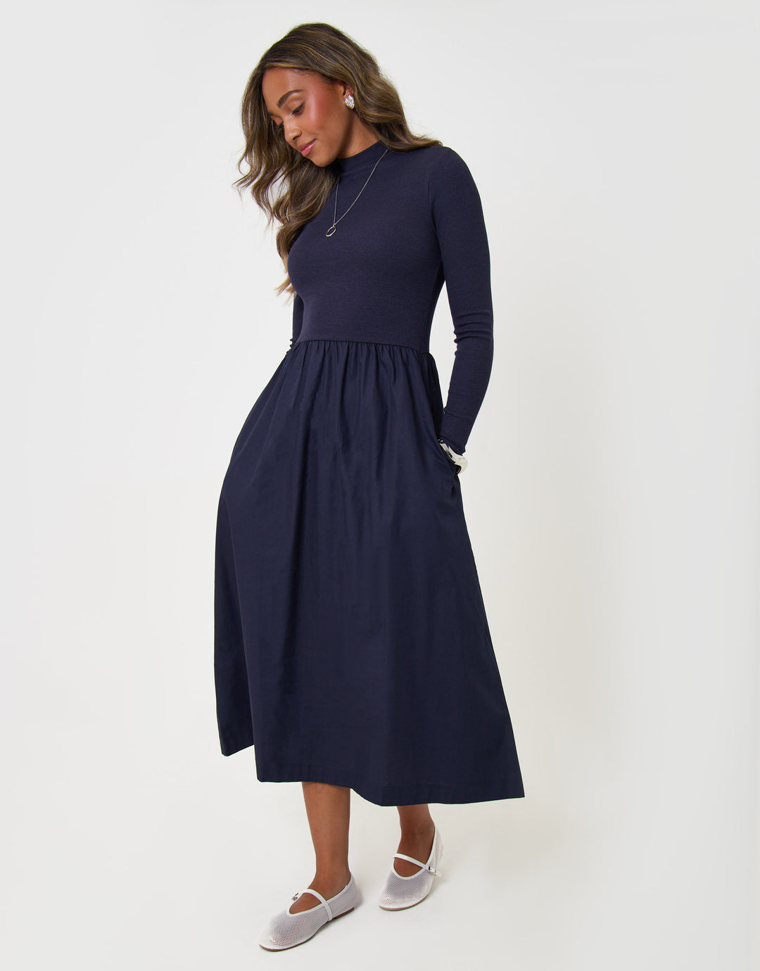 Threadbare 2 in 1 High Neck Midaxi Dress in Navy - full body