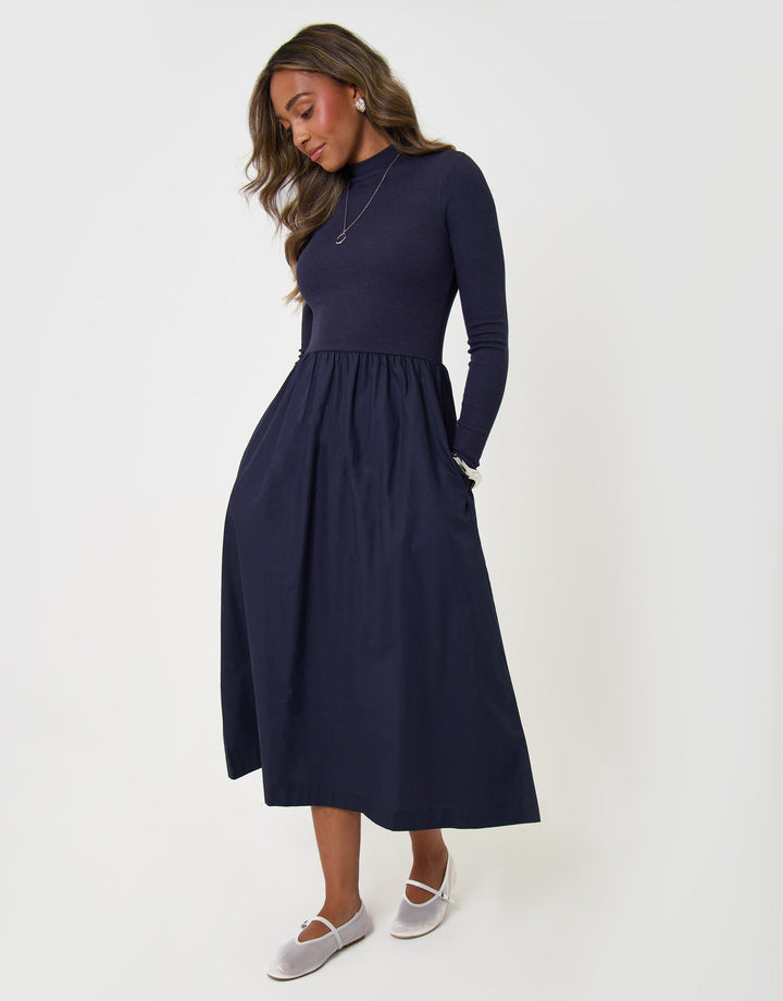 Threadbare 2 in 1 High Neck Midaxi Dress in Navy - full body
