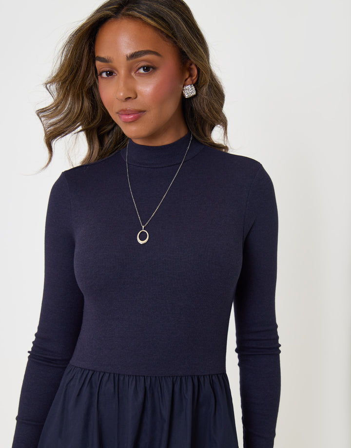 Threadbare 2 in 1 High Neck Midaxi Dress in Navy - close up