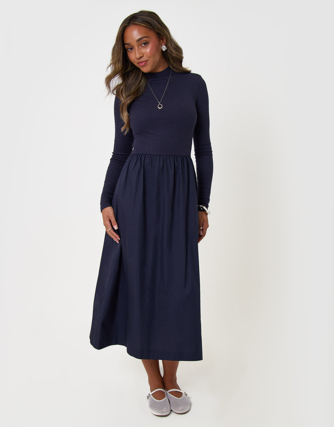 Threadbare 2 in 1 High Neck Midaxi Dress in Navy - front view