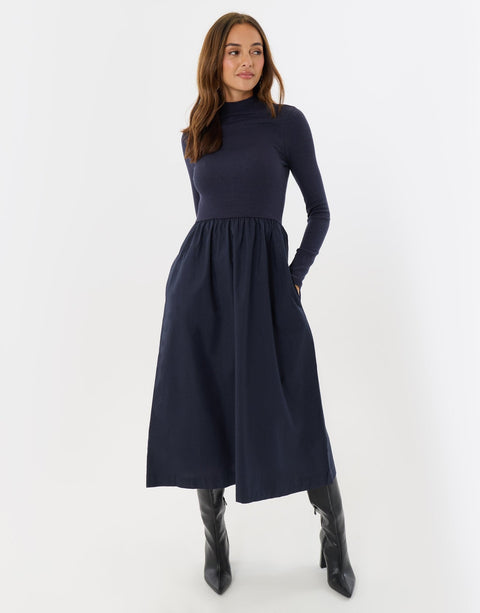 Threadbare 2 in 1 High Neck Midaxi Dress in Navy - front view