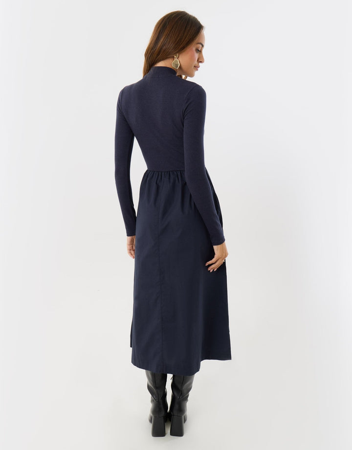 Threadbare 2 in 1 High Neck Midaxi Dress in Navy - back view