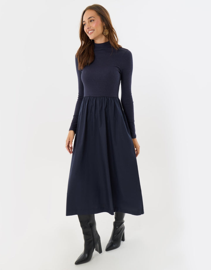 2 in 1 High Neck Midaxi Dress in Navy