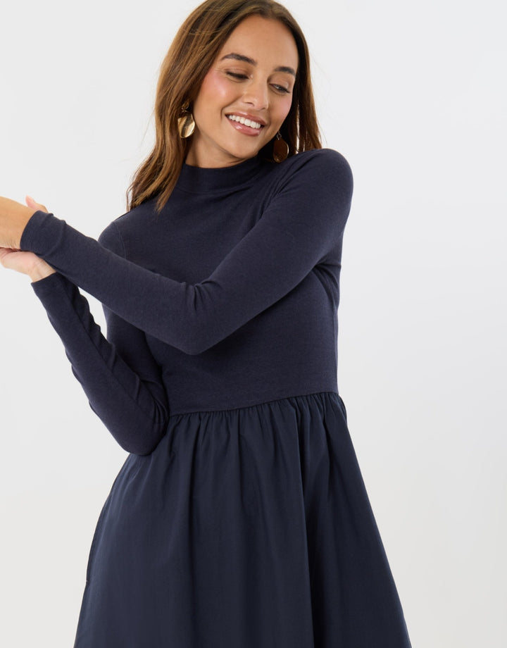 2 in 1 High Neck Midaxi Dress in Navy