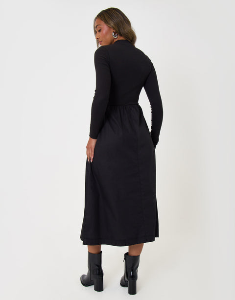 Threadbare 2 in 1 High Neck Midaxi Dress in Black - back view