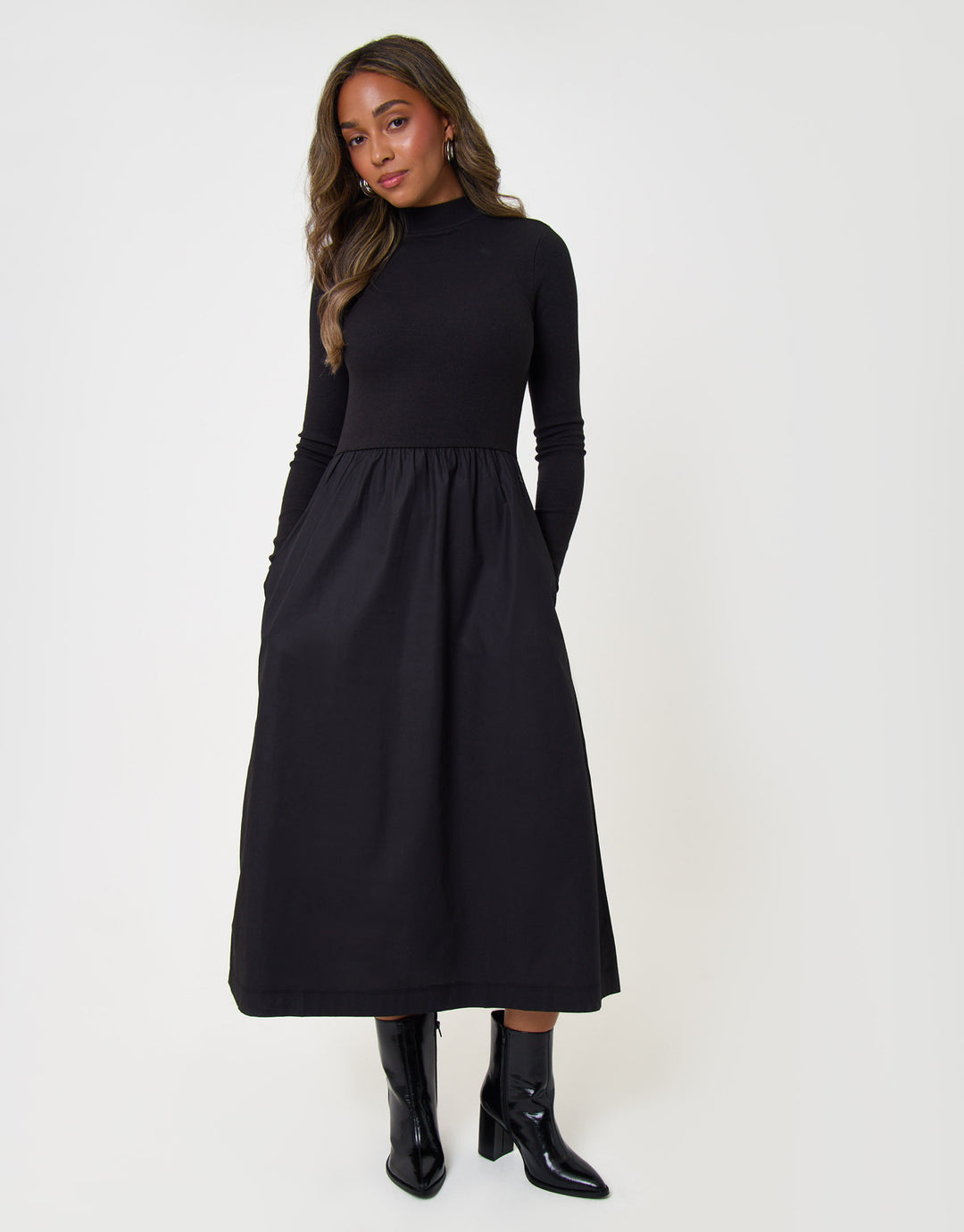 Threadbare 2 in 1 High Neck Midaxi Dress in Black - full body