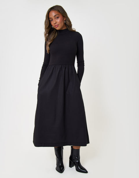 Threadbare 2 in 1 High Neck Midaxi Dress in Black - full body