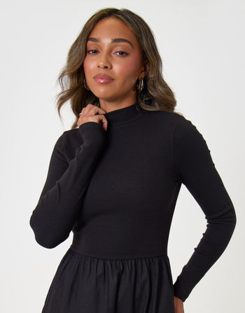 Threadbare 2 in 1 High Neck Midaxi Dress in Black - close up