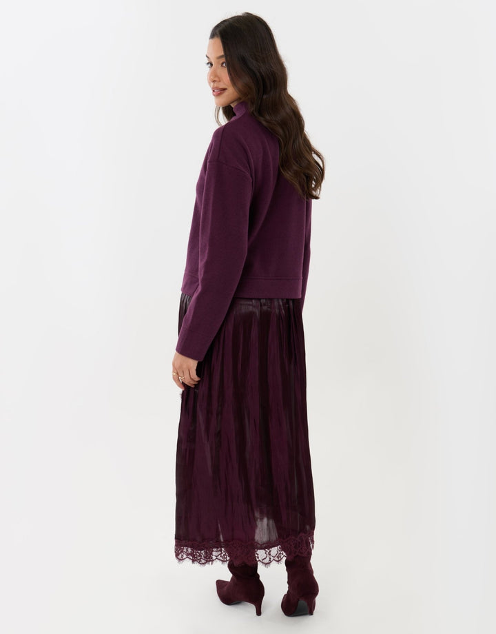 Jumper Dress with Crinkle Satin Skirt in Plum
