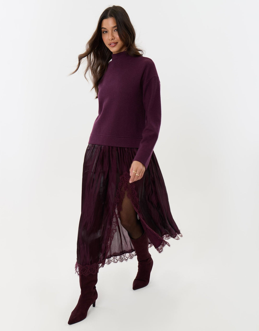 Jumper Dress with Crinkle Satin Skirt in Plum