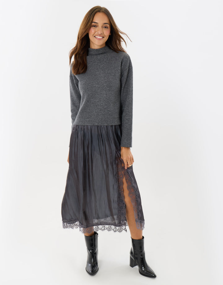 Jumper Dress with Crinkle Satin Skirt in Charcoal Grey