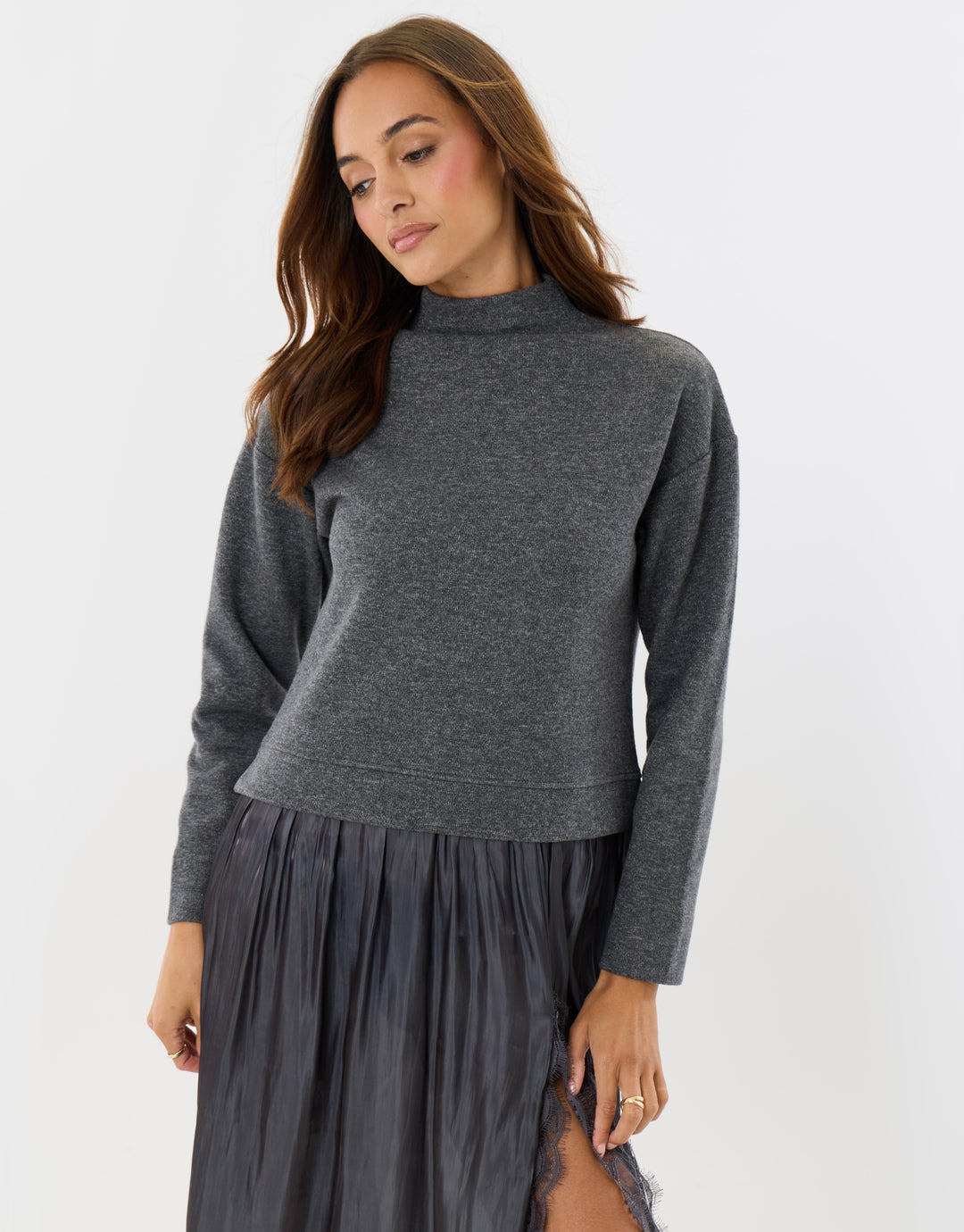 Jumper Dress with Crinkle Satin Skirt in Charcoal Grey