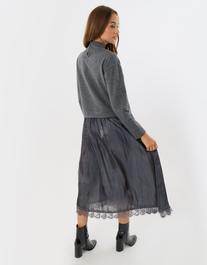 Jumper Dress with Crinkle Satin Skirt in Charcoal Grey