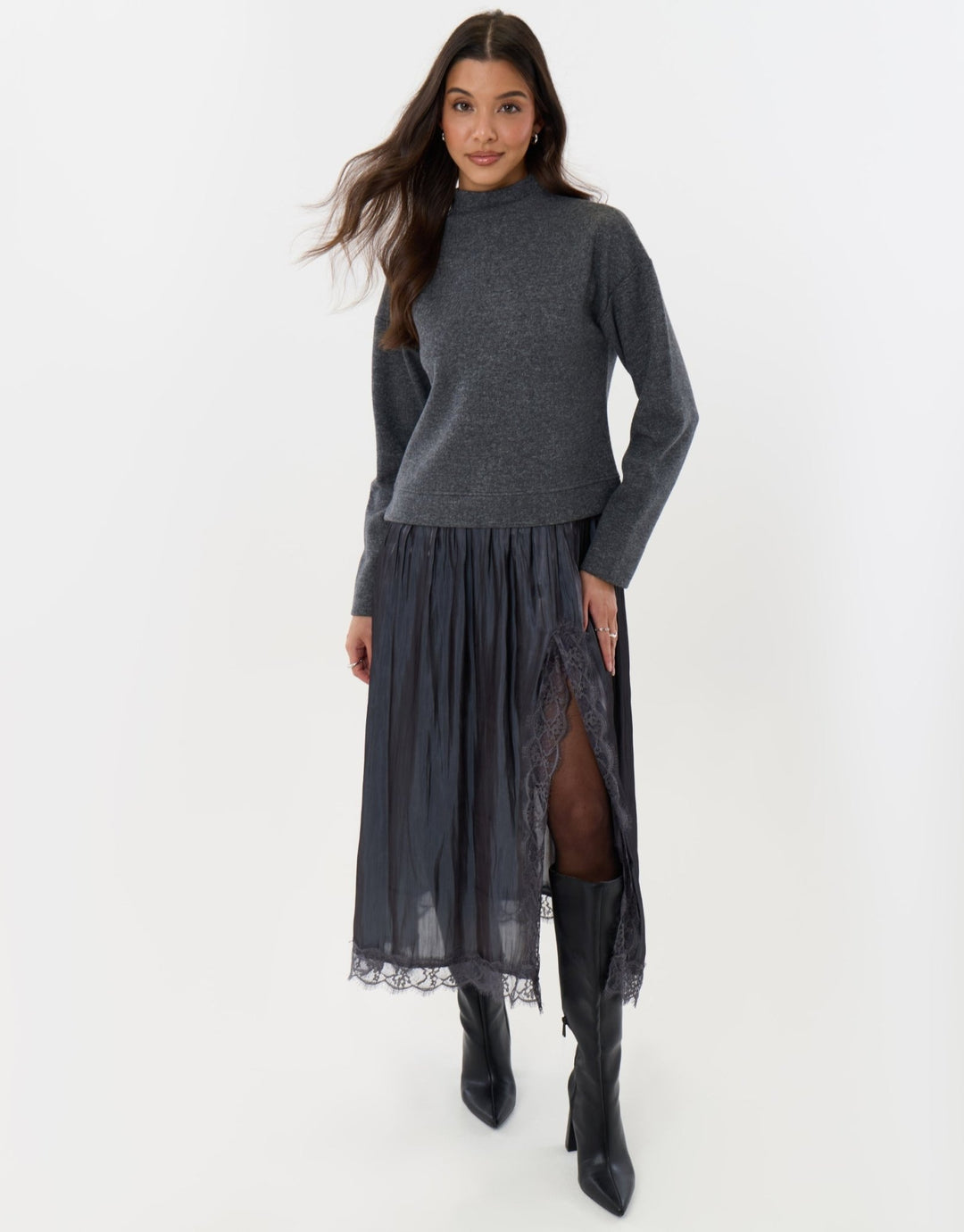 Jumper Dress with Crinkle Satin Skirt in Charcoal Grey