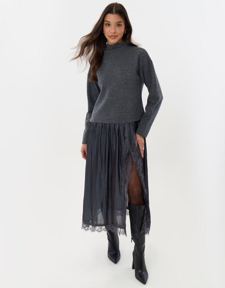 Jumper Dress with Crinkle Satin Skirt in Charcoal Grey