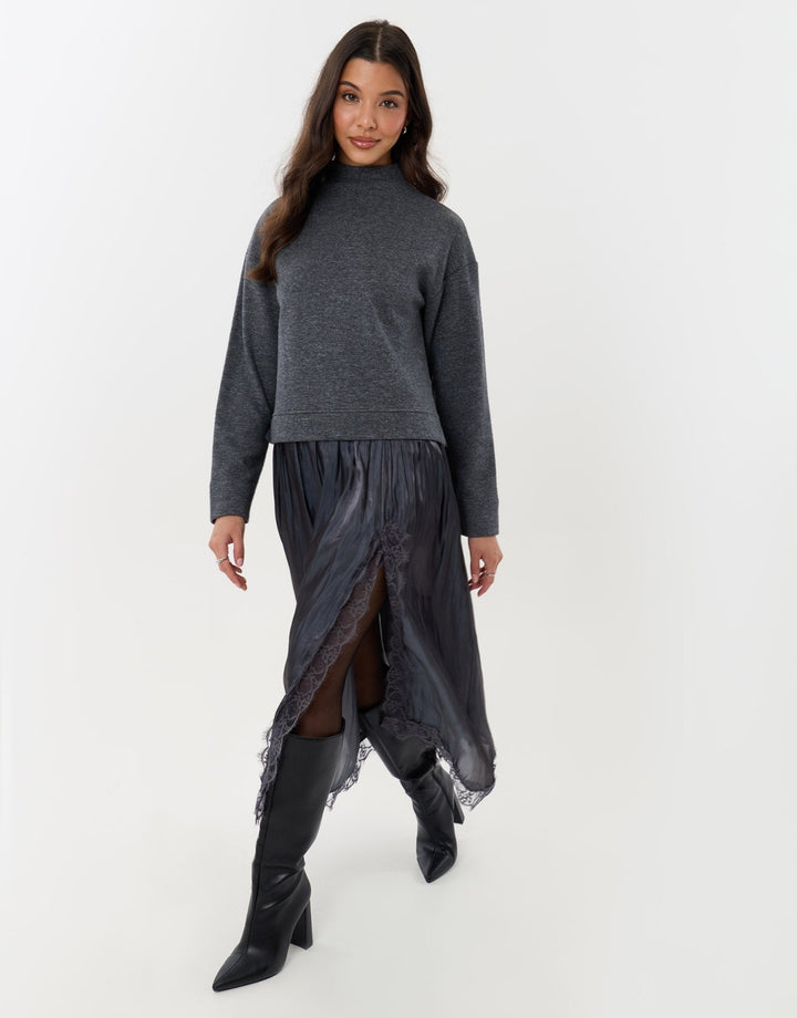 Jumper Dress with Crinkle Satin Skirt in Charcoal Grey