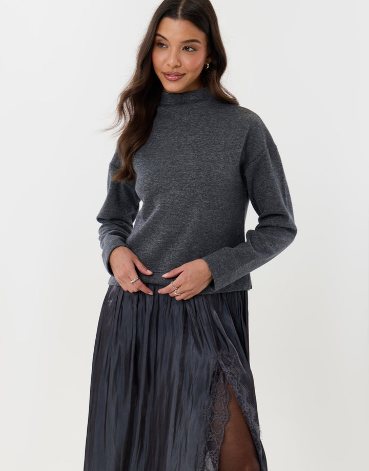 Jumper Dress with Crinkle Satin Skirt in Charcoal Grey