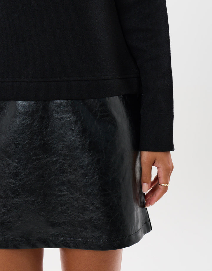 2 in 1 Knitted Mini Dress with Faux Leather Skirt in Black