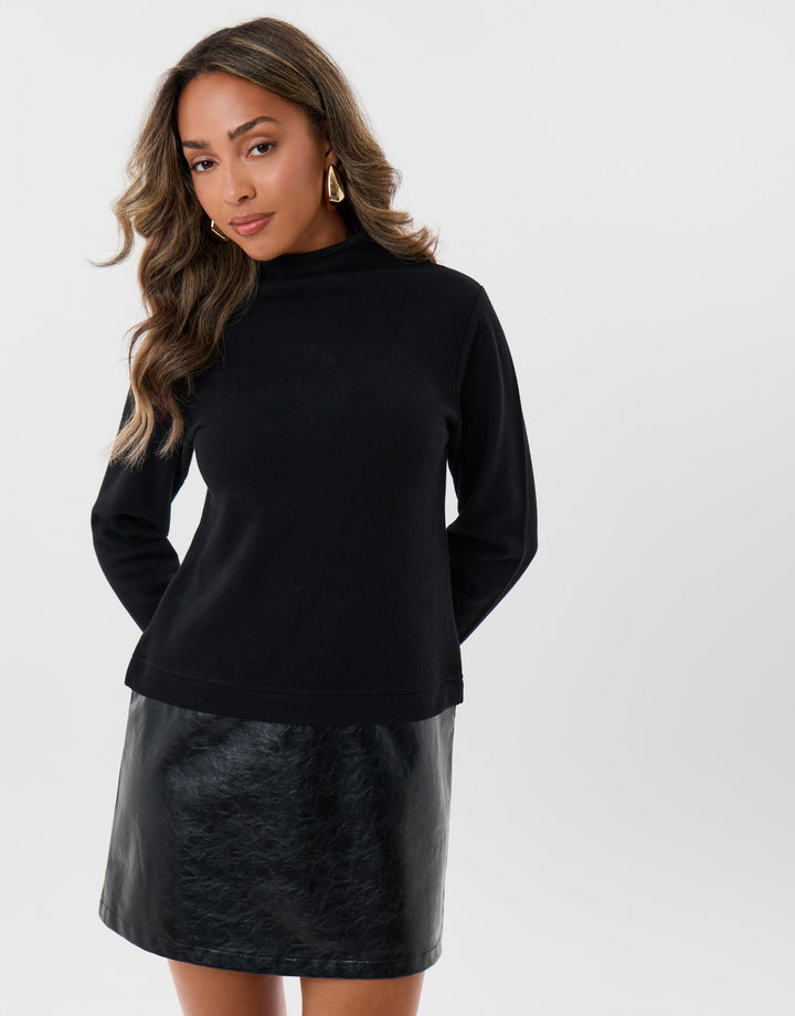 2 in 1 Knitted Mini Dress with Faux Leather Skirt in Black