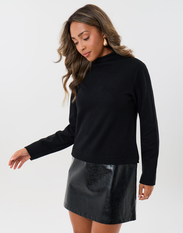 2 in 1 Knitted Mini Dress with Faux Leather Skirt in Black