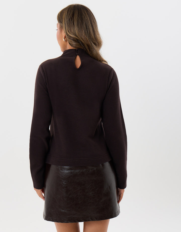2 in 1 Knitted Mini Dress with Faux Leather Skirt in Chocolate Brown