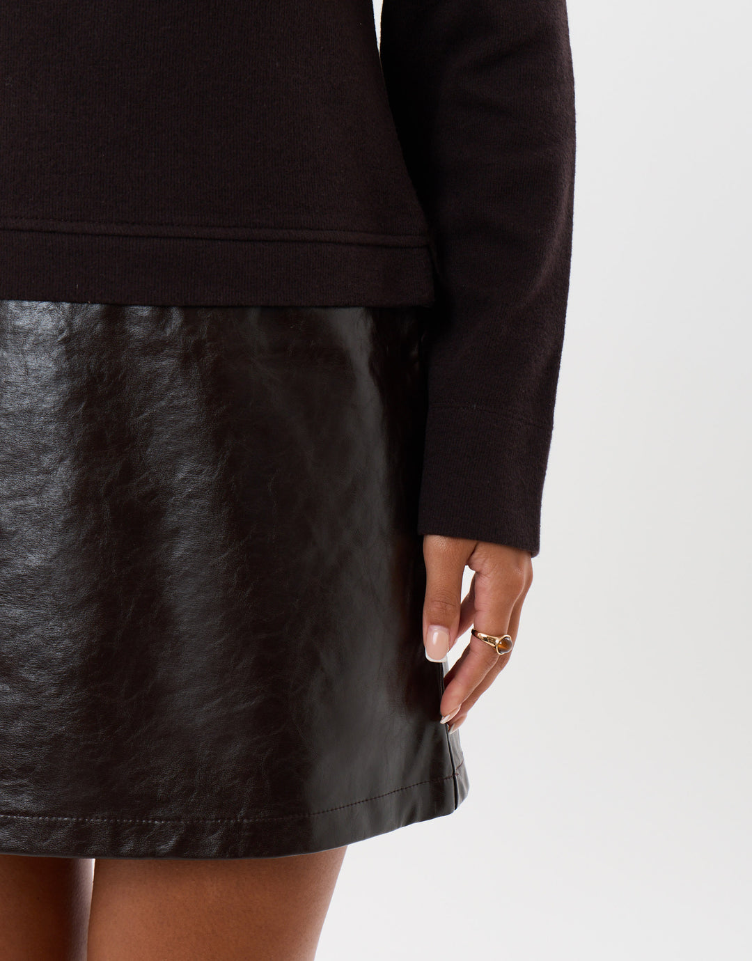 2 in 1 Knitted Mini Dress with Faux Leather Skirt in Chocolate Brown