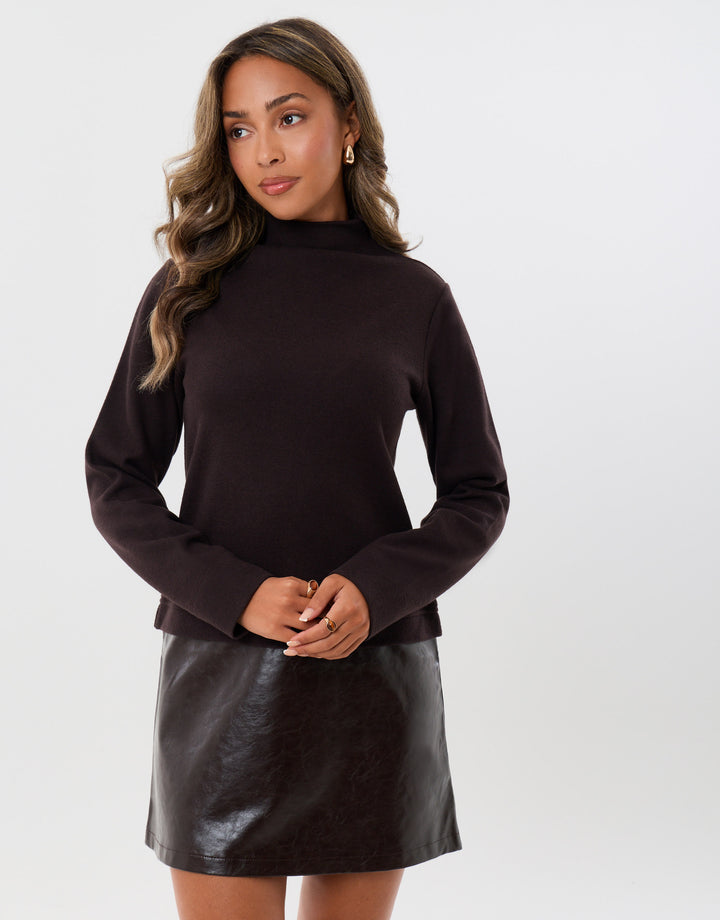 2 in 1 Knitted Mini Dress with Faux Leather Skirt in Chocolate Brown