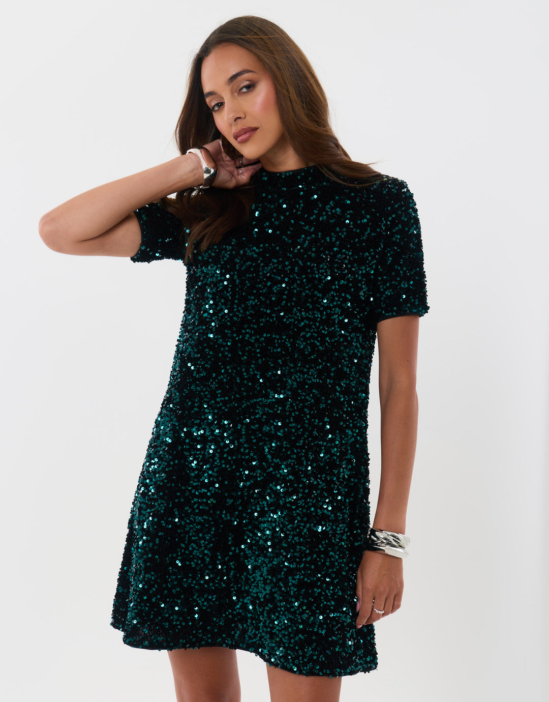 Sequin Bow Tie Detail Mini Dress in Teal