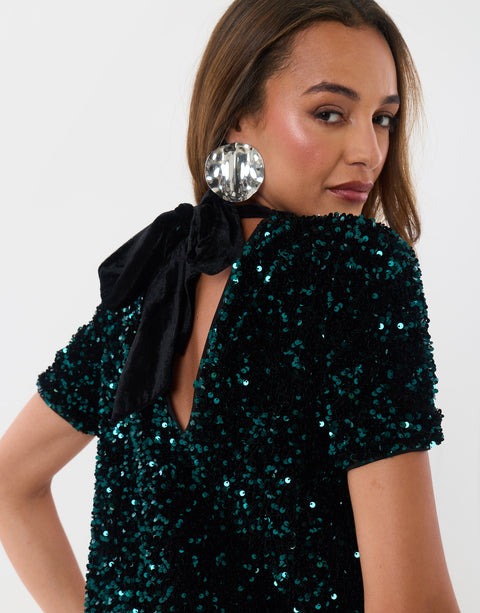 Threadbare Sequin Bow Tie Detail Mini Dress in Teal - back view close
