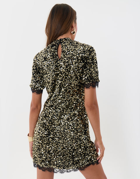 Threadbare High Neck Sequin Mini Dress in Bronze - back view