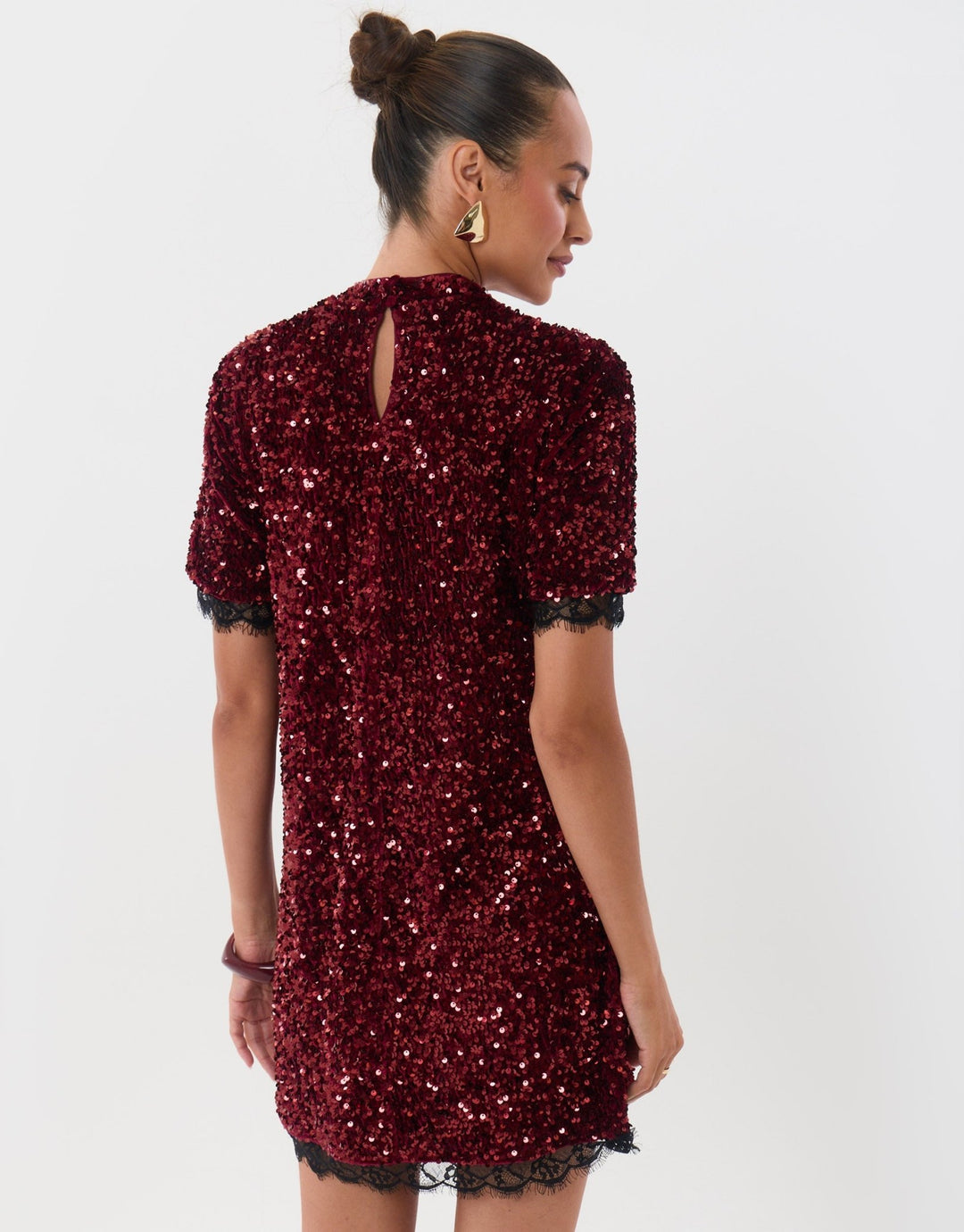 Threadbare High Neck Sequin Mini Dress in Burgundy - back view