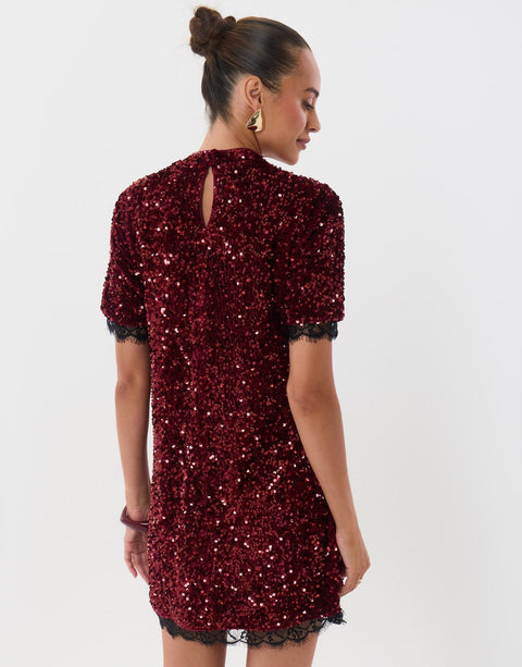 Threadbare High Neck Sequin Mini Dress in Burgundy - back view