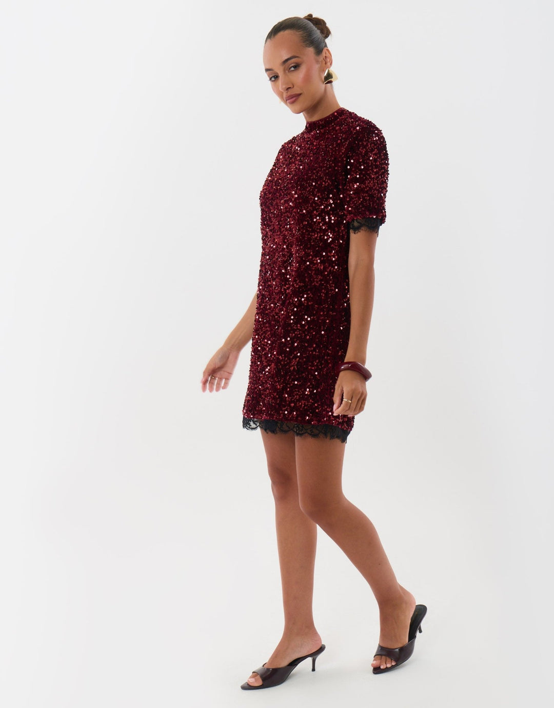 Threadbare High Neck Sequin Mini Dress in Burgundy - full body