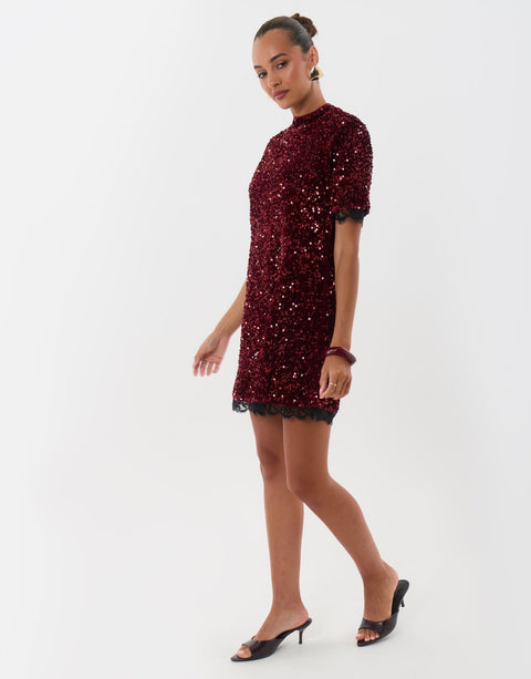 Threadbare High Neck Sequin Mini Dress in Burgundy - full body