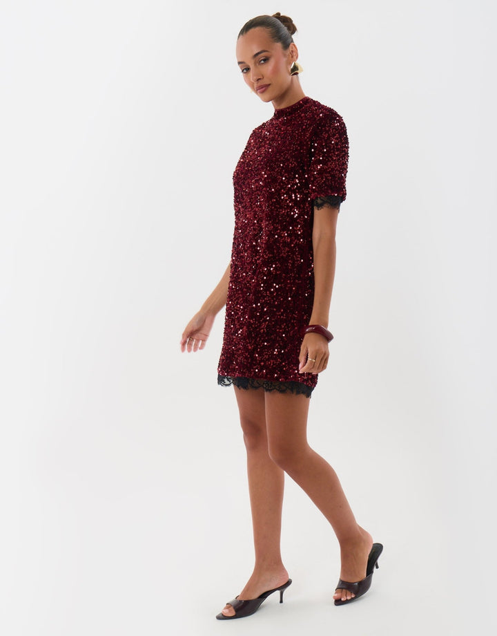 Threadbare High Neck Sequin Mini Dress in Burgundy - full body