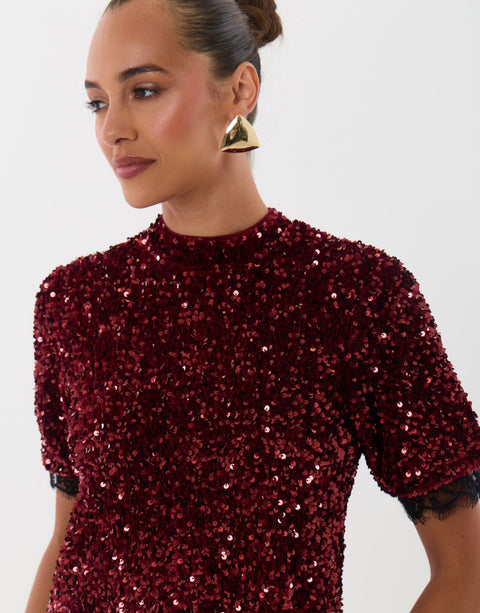 Threadbare High Neck Sequin Mini Dress in Burgundy - detail