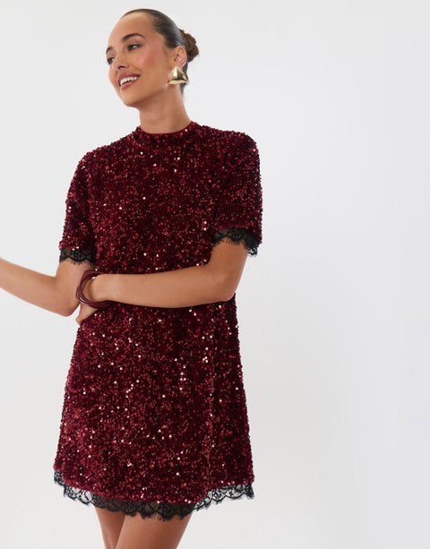 Threadbare High Neck Sequin Mini Dress in Burgundy - front view