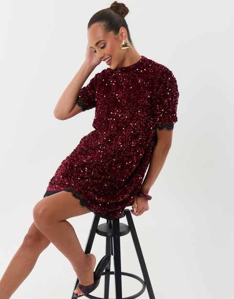 Threadbare High Neck Sequin Mini Dress in Burgundy - sat down