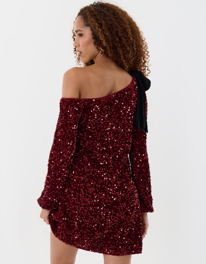 Threadbare Sequin Slash Neck Dress with Bow Detail in Burgundy - back view