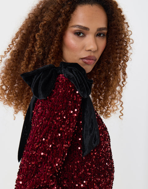 Threadbare Sequin Slash Neck Dress with Bow Detail in Burgundy - close