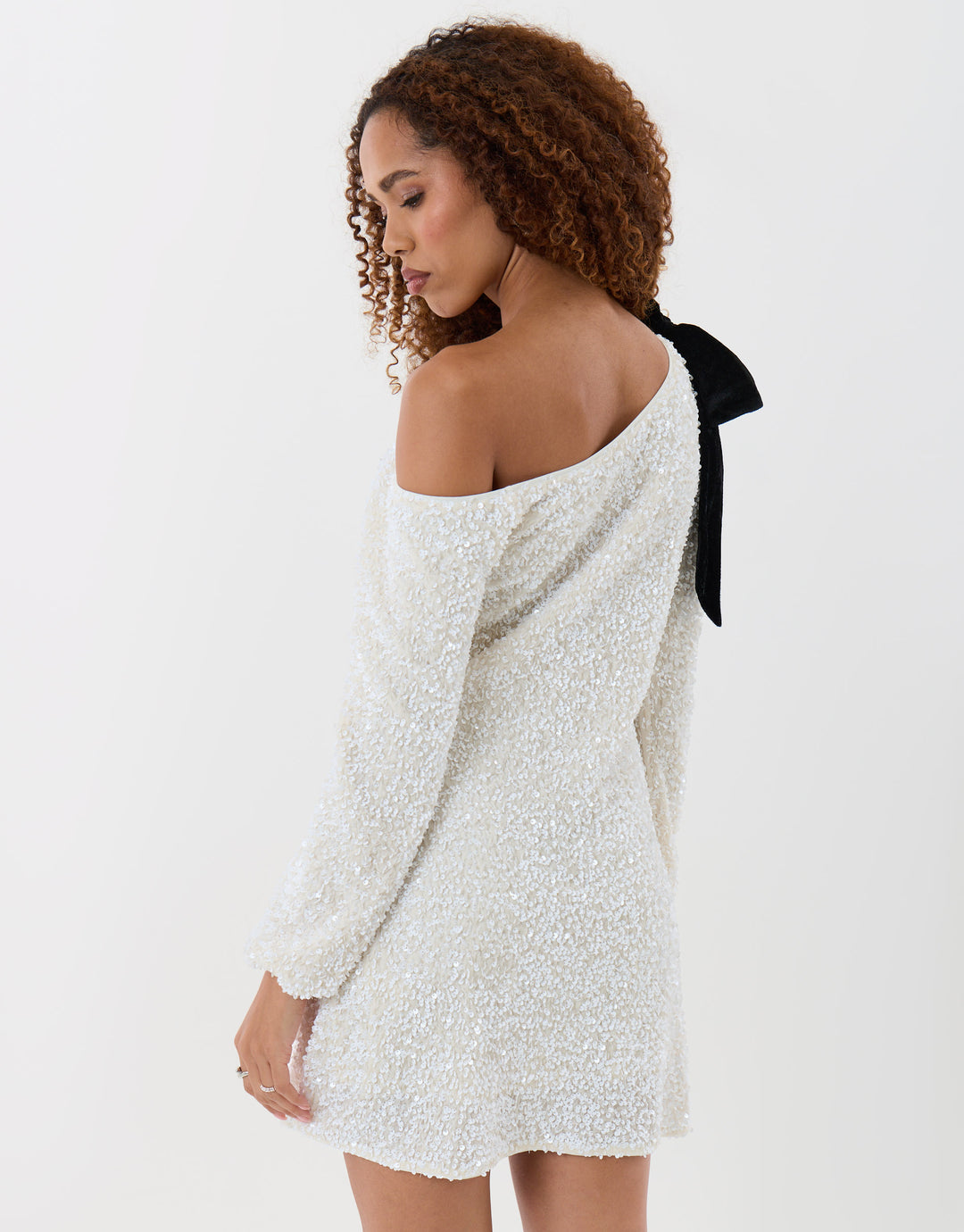 Threadbare Sequin Slash Neck Dress with Bow Detail in White - back view
