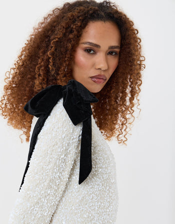 Threadbare Sequin Slash Neck Dress with Bow Detail in White - close up