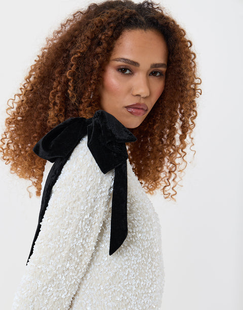 Threadbare Sequin Slash Neck Dress with Bow Detail in White - close up